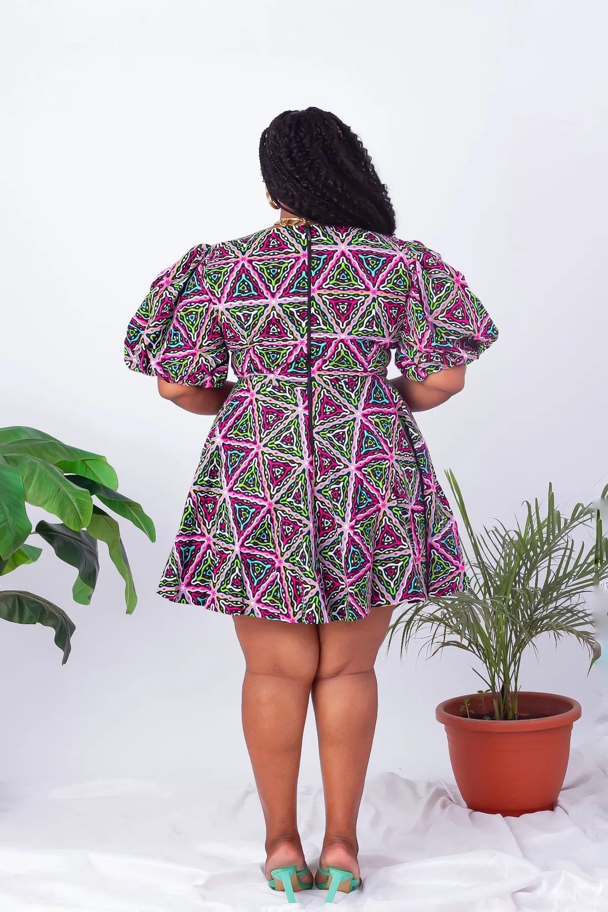African Print Puff Sleeve Short Dress - Kenya