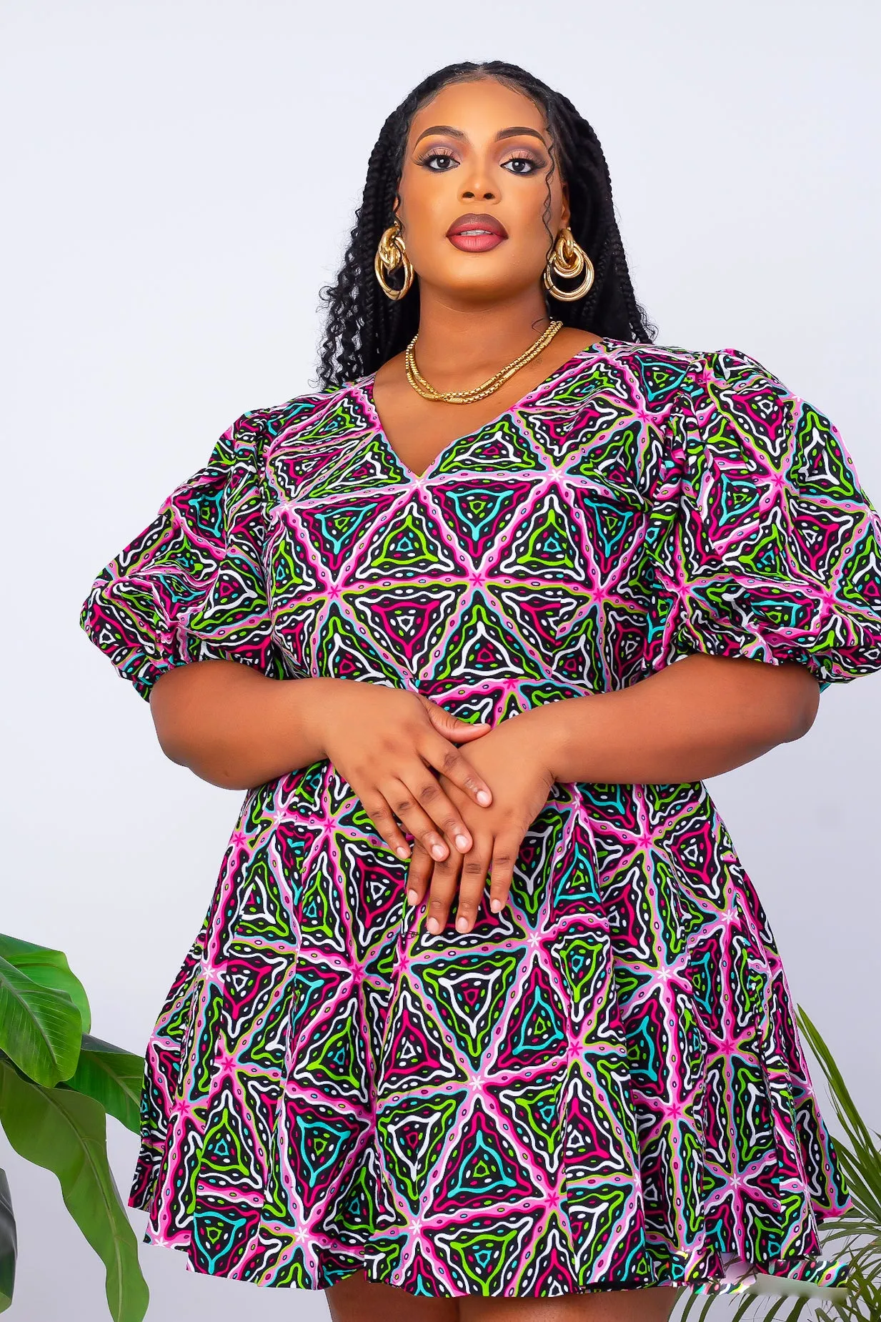African Print Puff Sleeve Short Dress - Kenya
