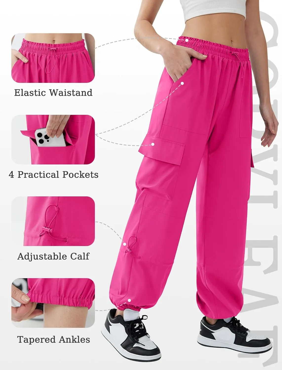 Cargo Pants Women High Waisted Parachute Pants with Pockets Quick Dry Lightweight Baggy Pants