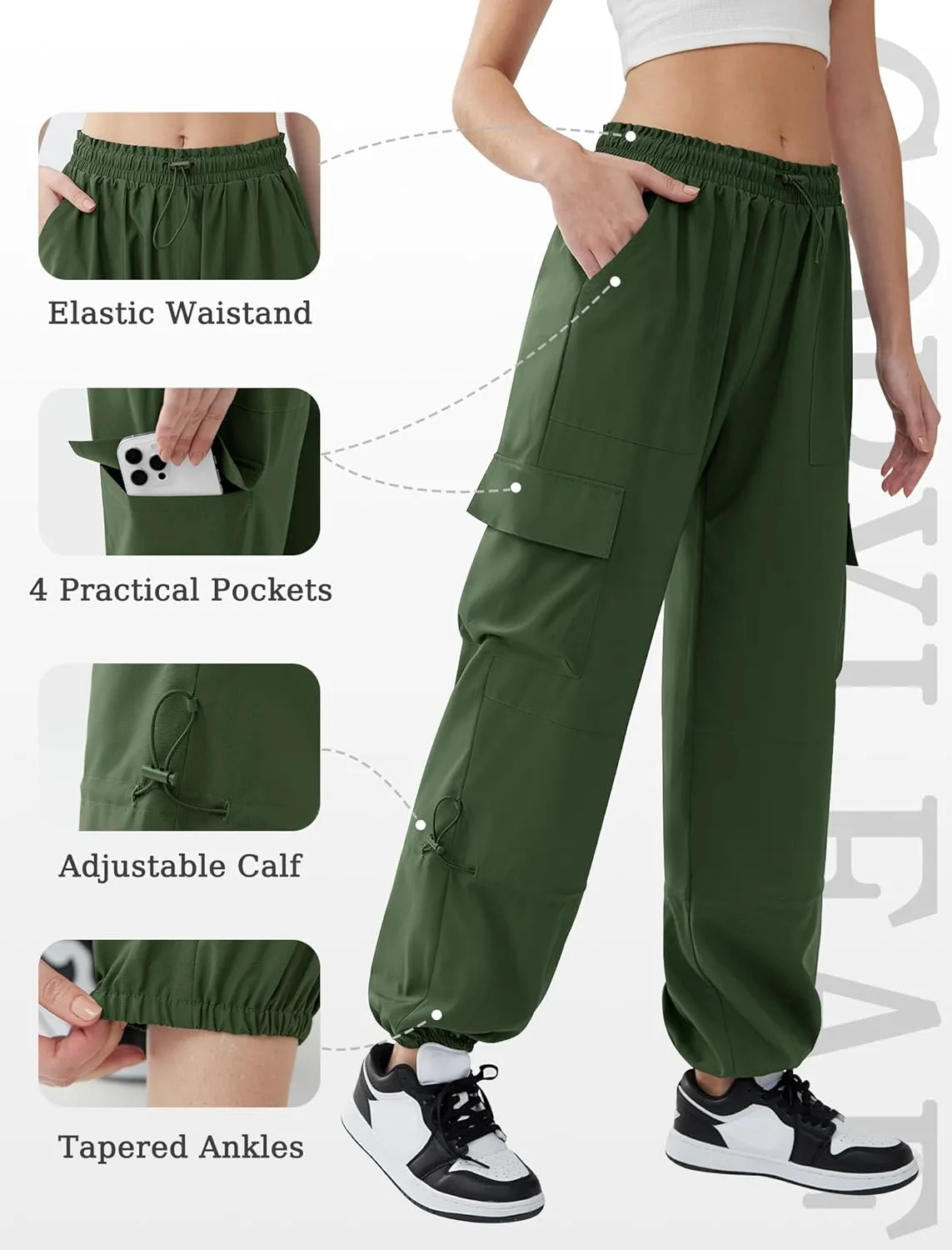 Cargo Pants Women High Waisted Parachute Pants with Pockets Quick Dry Lightweight Baggy Pants