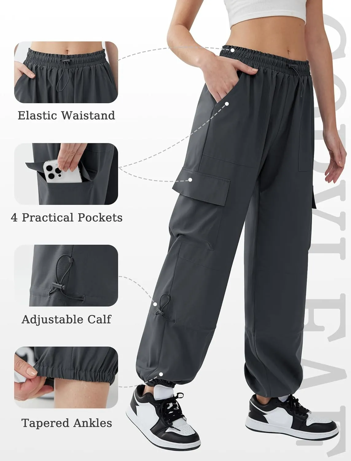 Cargo Pants Women High Waisted Parachute Pants with Pockets Quick Dry Lightweight Baggy Pants
