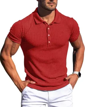 Collared Muscle Polo Shirts Men Slim Fit Textured Knit Polo Shirts Short Sleeve Button Down Shirts Casual Stylish