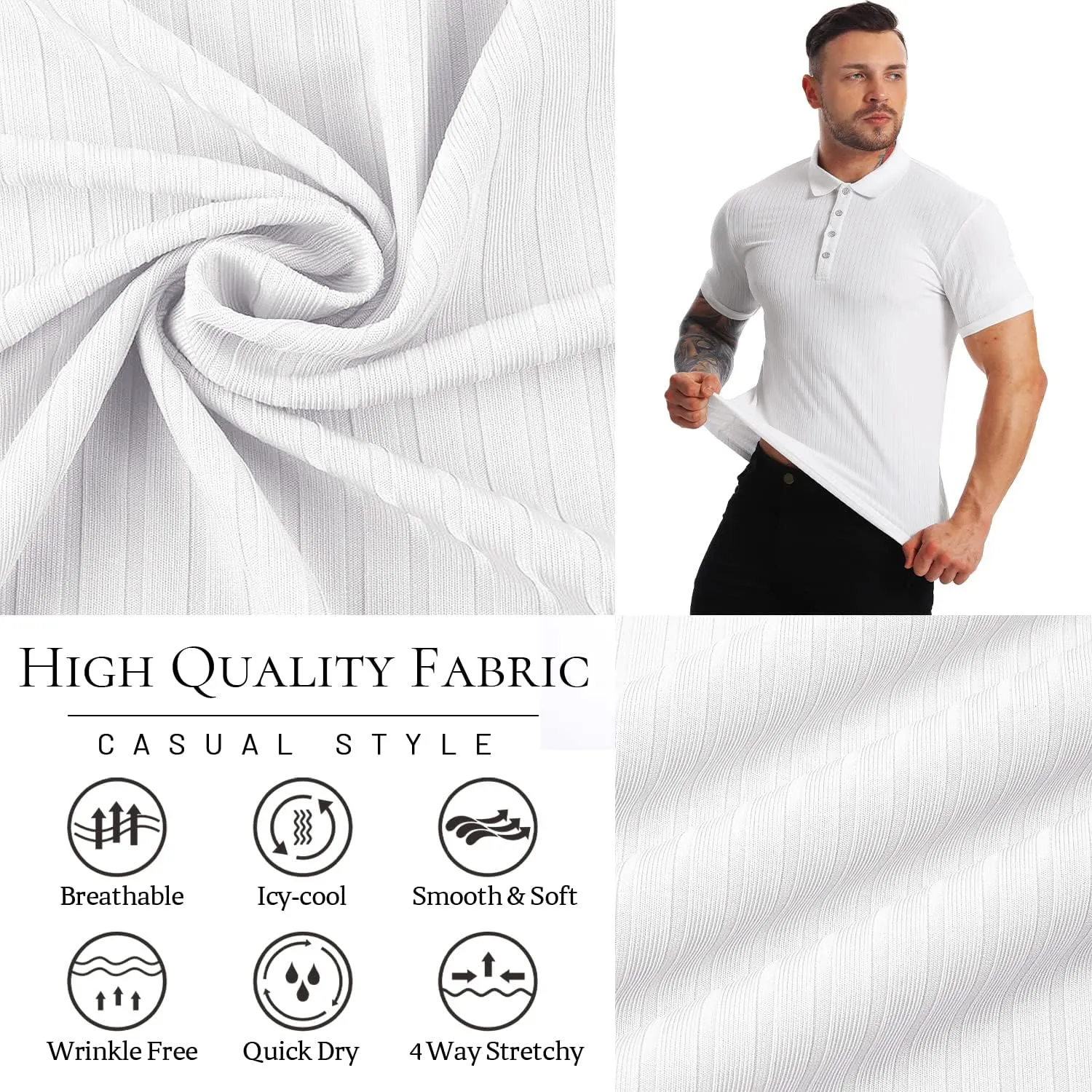 Collared Muscle Polo Shirts Men Slim Fit Textured Knit Polo Shirts Short Sleeve Button Down Shirts Casual Stylish