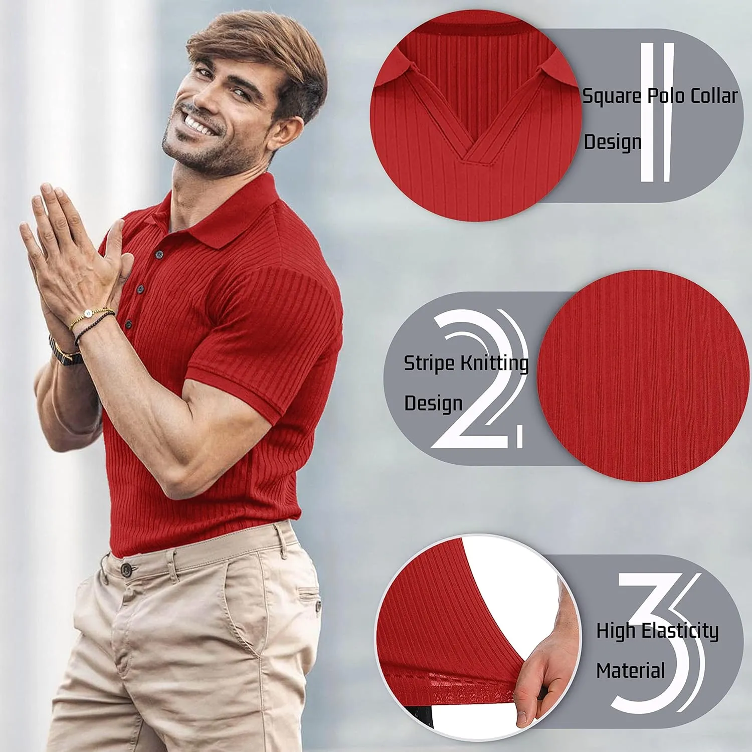 Collared Muscle Polo Shirts Men Slim Fit Textured Knit Polo Shirts Short Sleeve Button Down Shirts Casual Stylish
