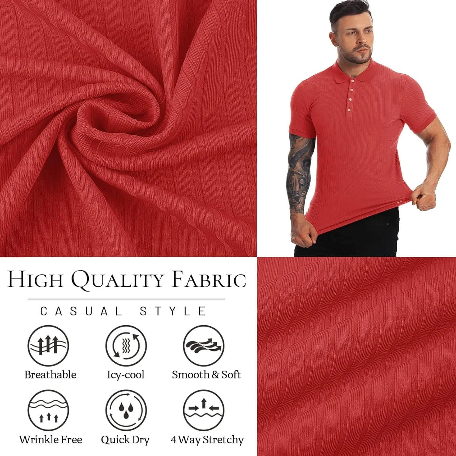 Collared Muscle Polo Shirts Men Slim Fit Textured Knit Polo Shirts Short Sleeve Button Down Shirts Casual Stylish