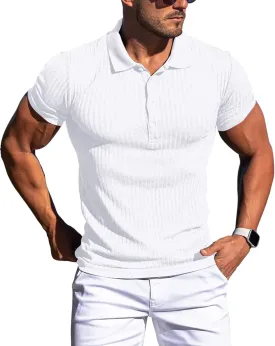 Collared Muscle Polo Shirts Men Slim Fit Textured Knit Polo Shirts Short Sleeve Button Down Shirts Casual Stylish