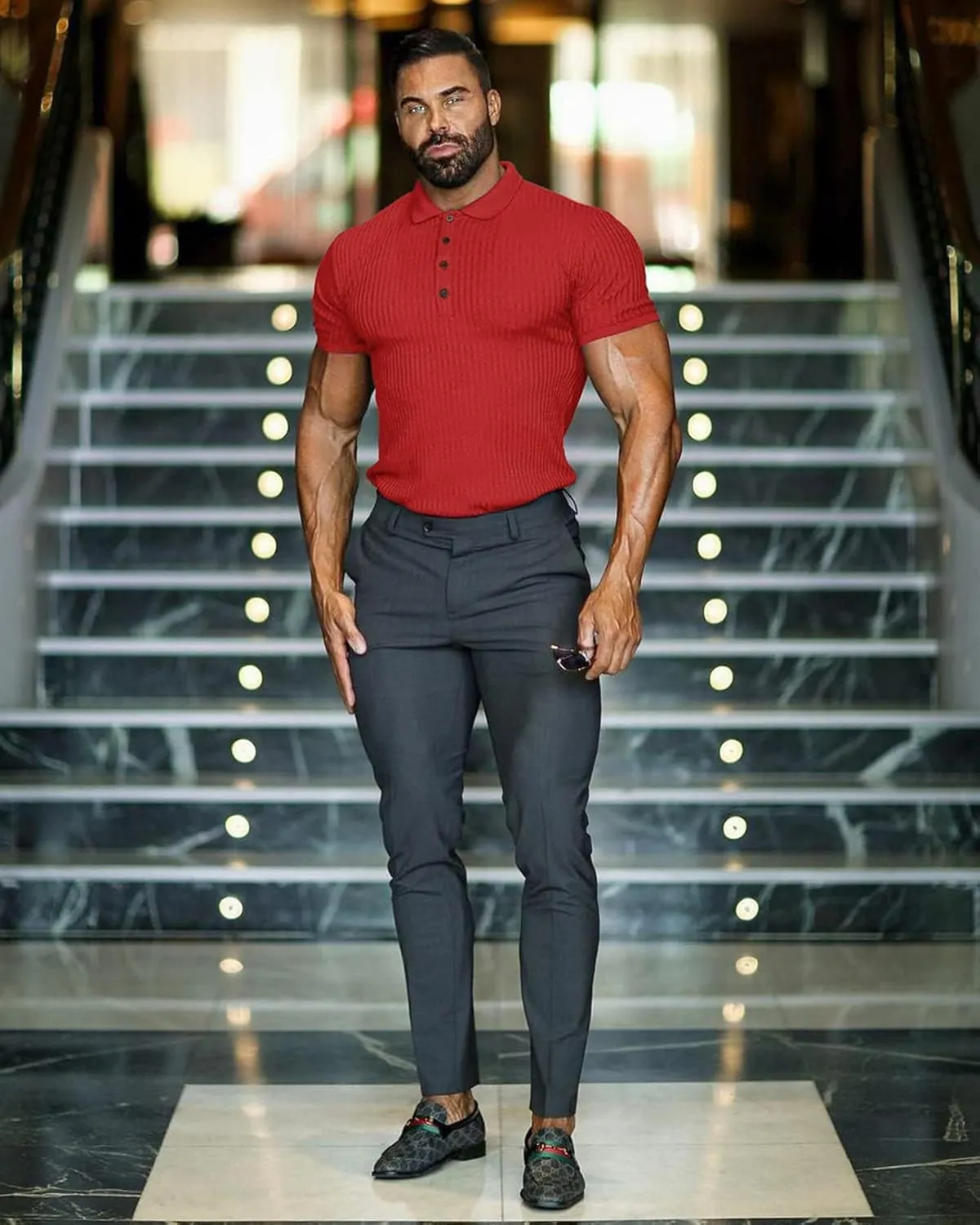 Collared Muscle Polo Shirts Men Slim Fit Textured Knit Polo Shirts Short Sleeve Button Down Shirts Casual Stylish