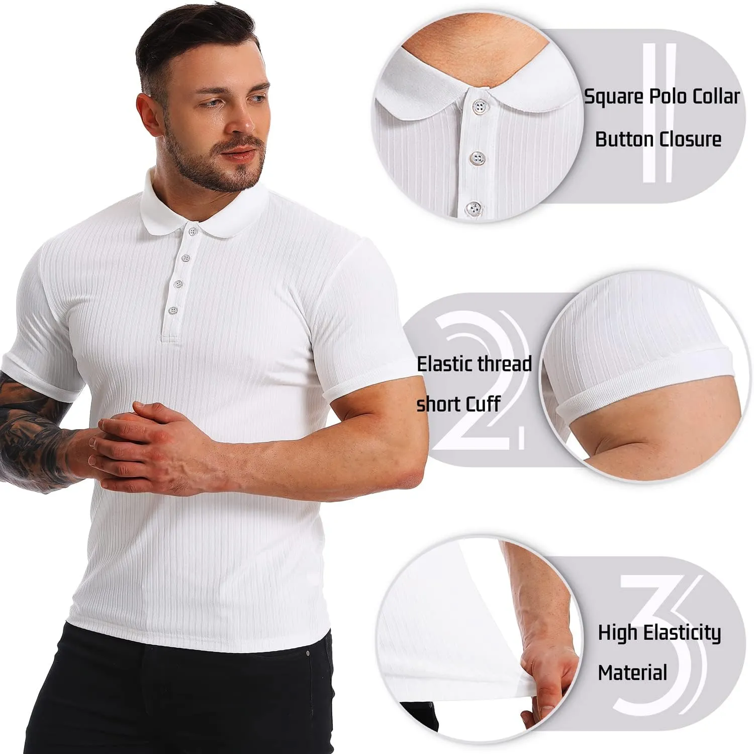Collared Muscle Polo Shirts Men Slim Fit Textured Knit Polo Shirts Short Sleeve Button Down Shirts Casual Stylish