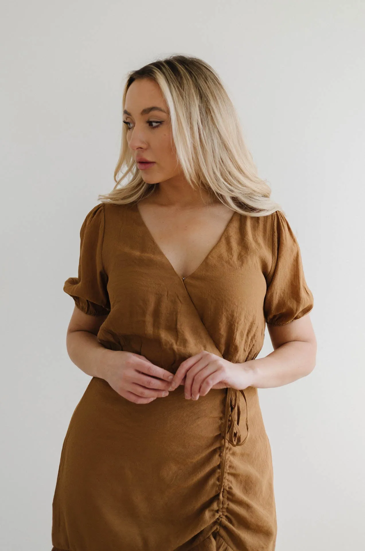 European Lover Ruched Front Mini Dress - Brown