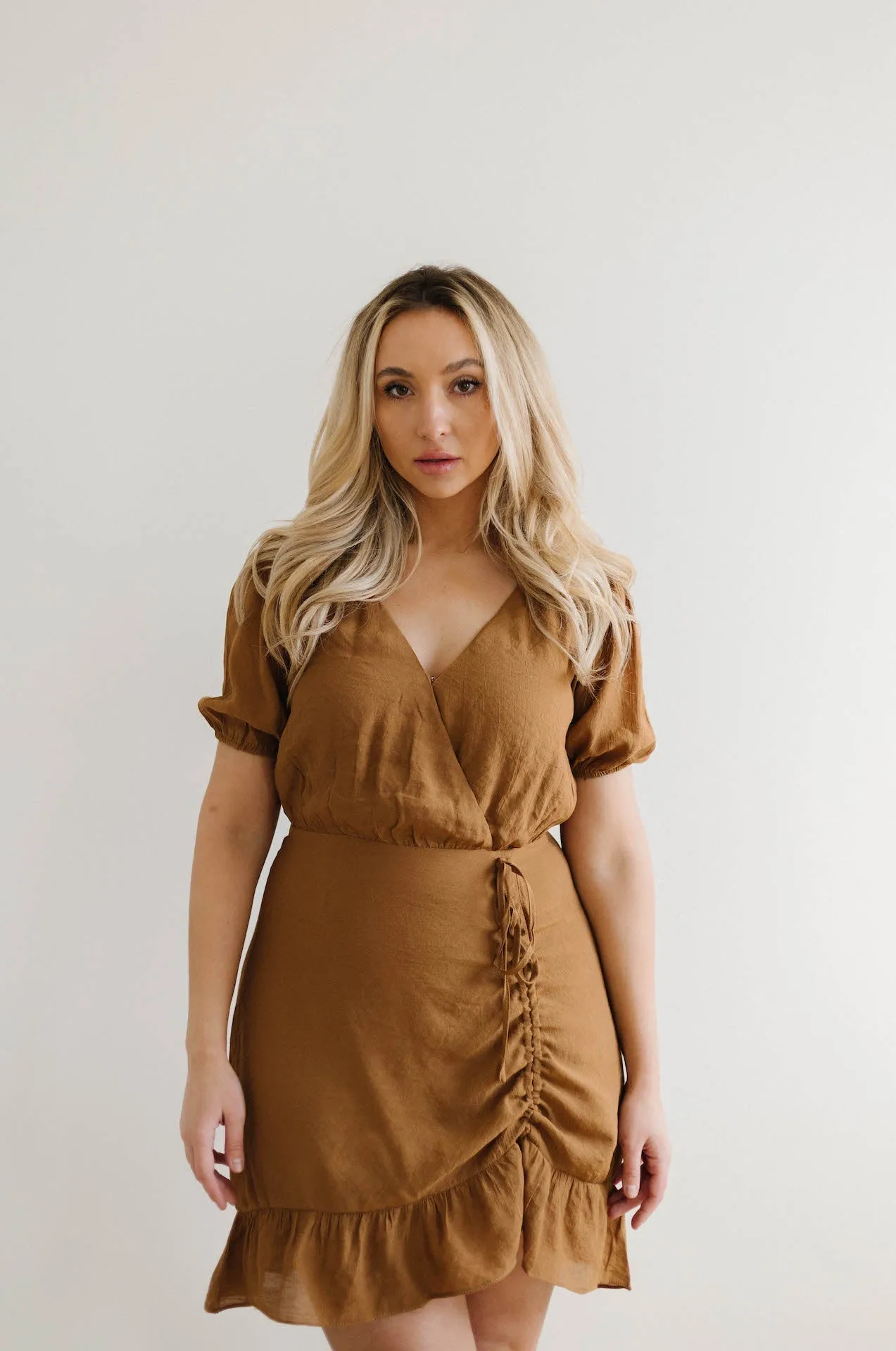 European Lover Ruched Front Mini Dress - Brown