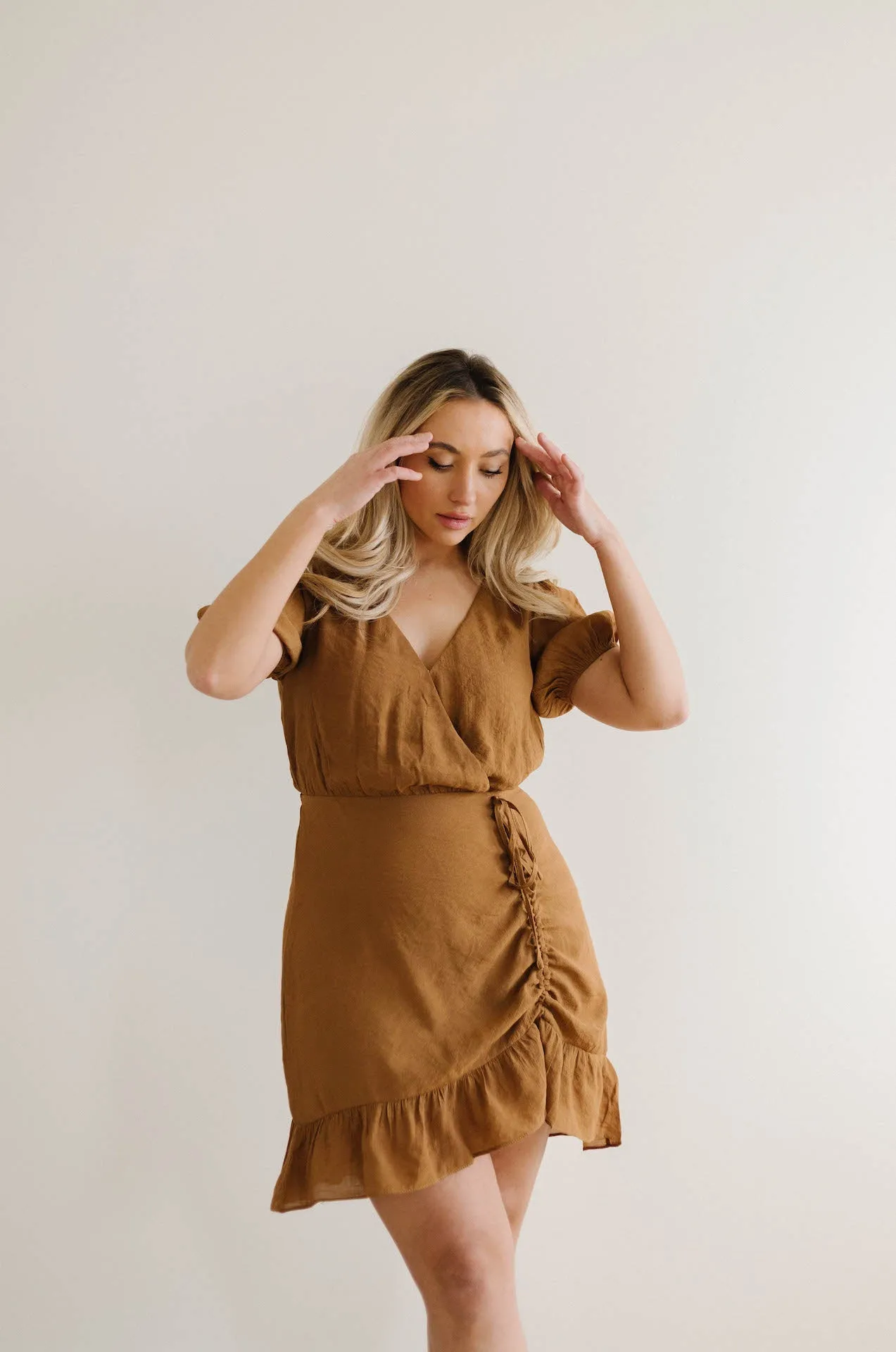 European Lover Ruched Front Mini Dress - Brown