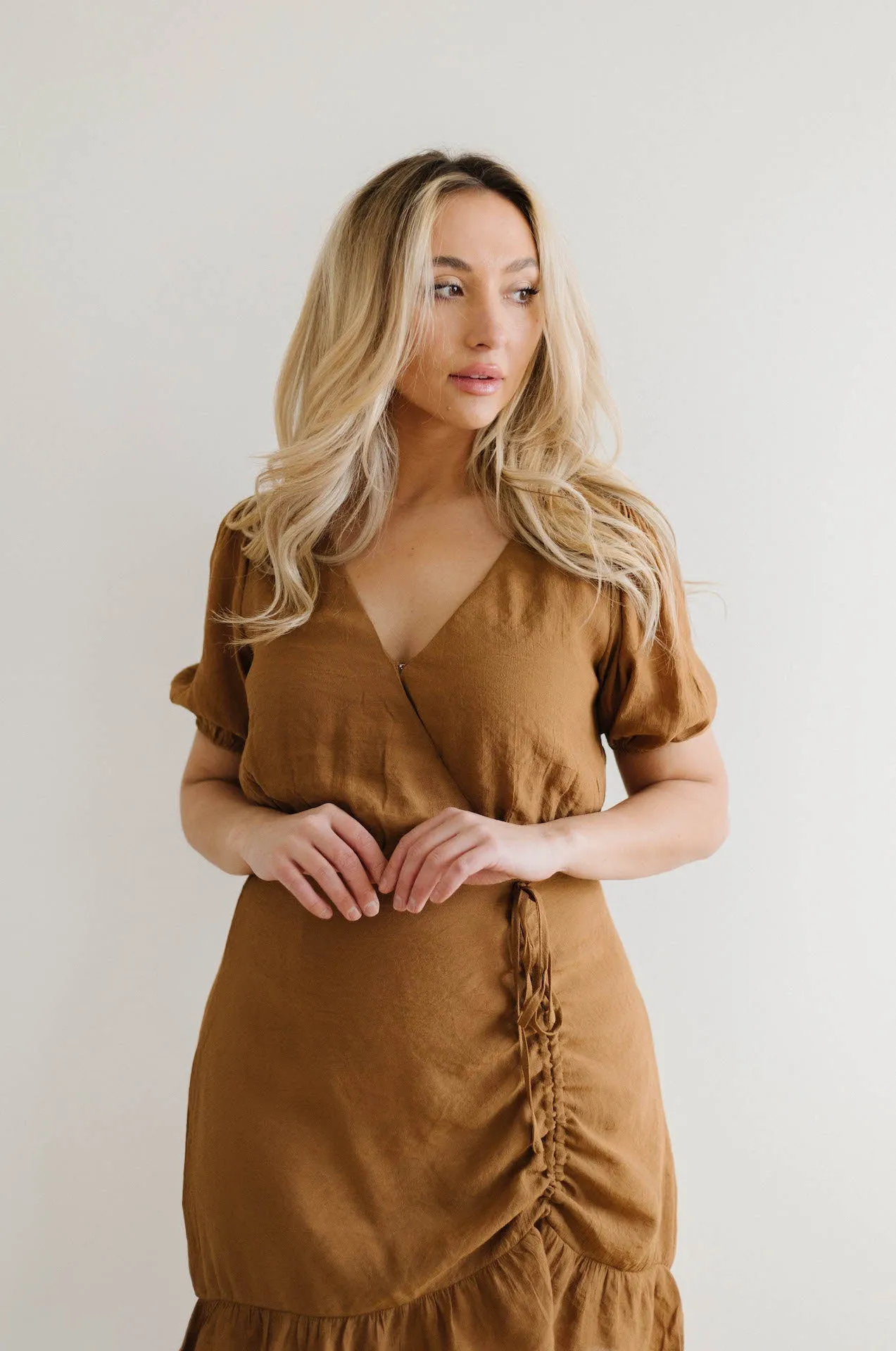 European Lover Ruched Front Mini Dress - Brown