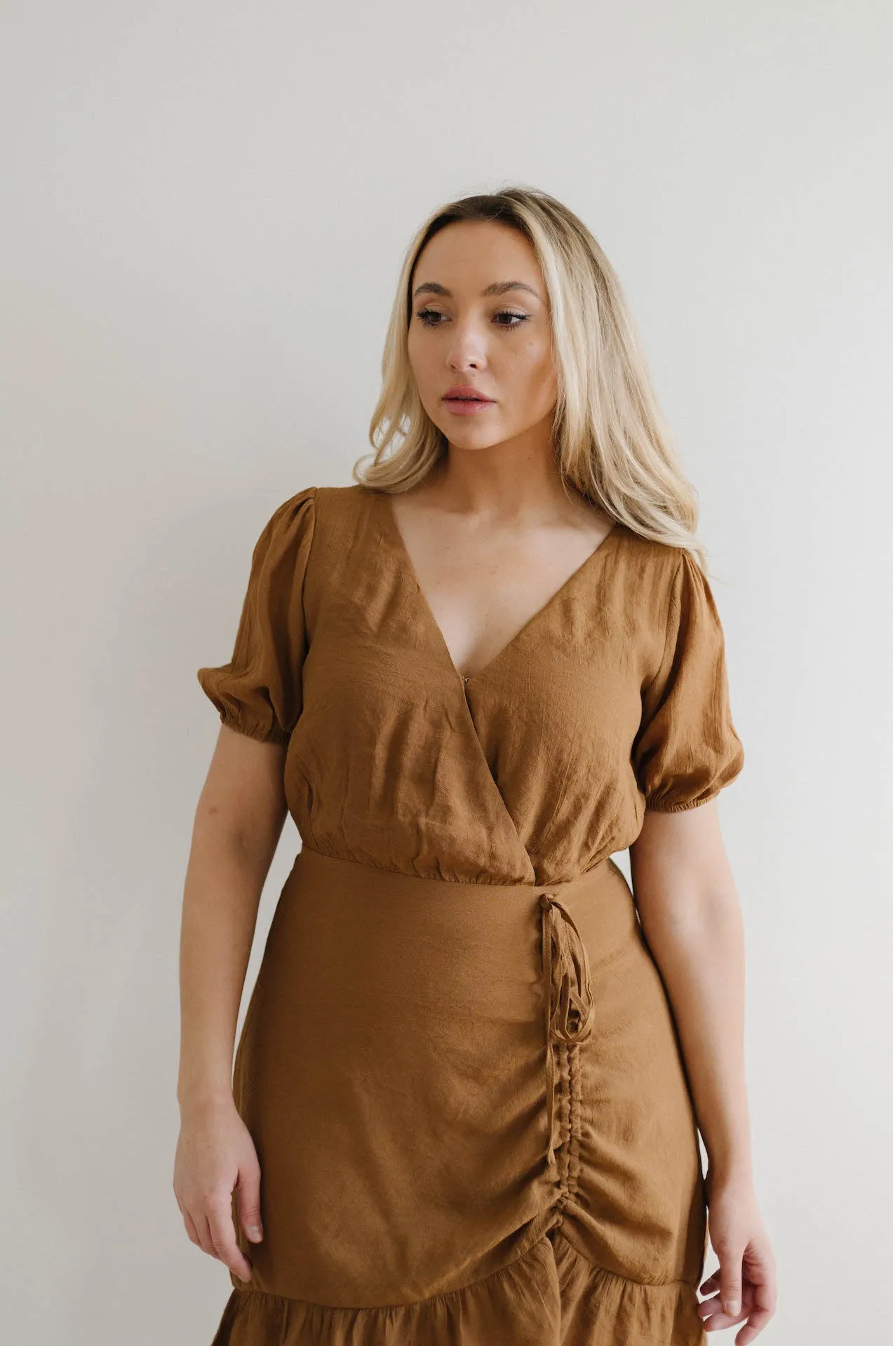 European Lover Ruched Front Mini Dress - Brown