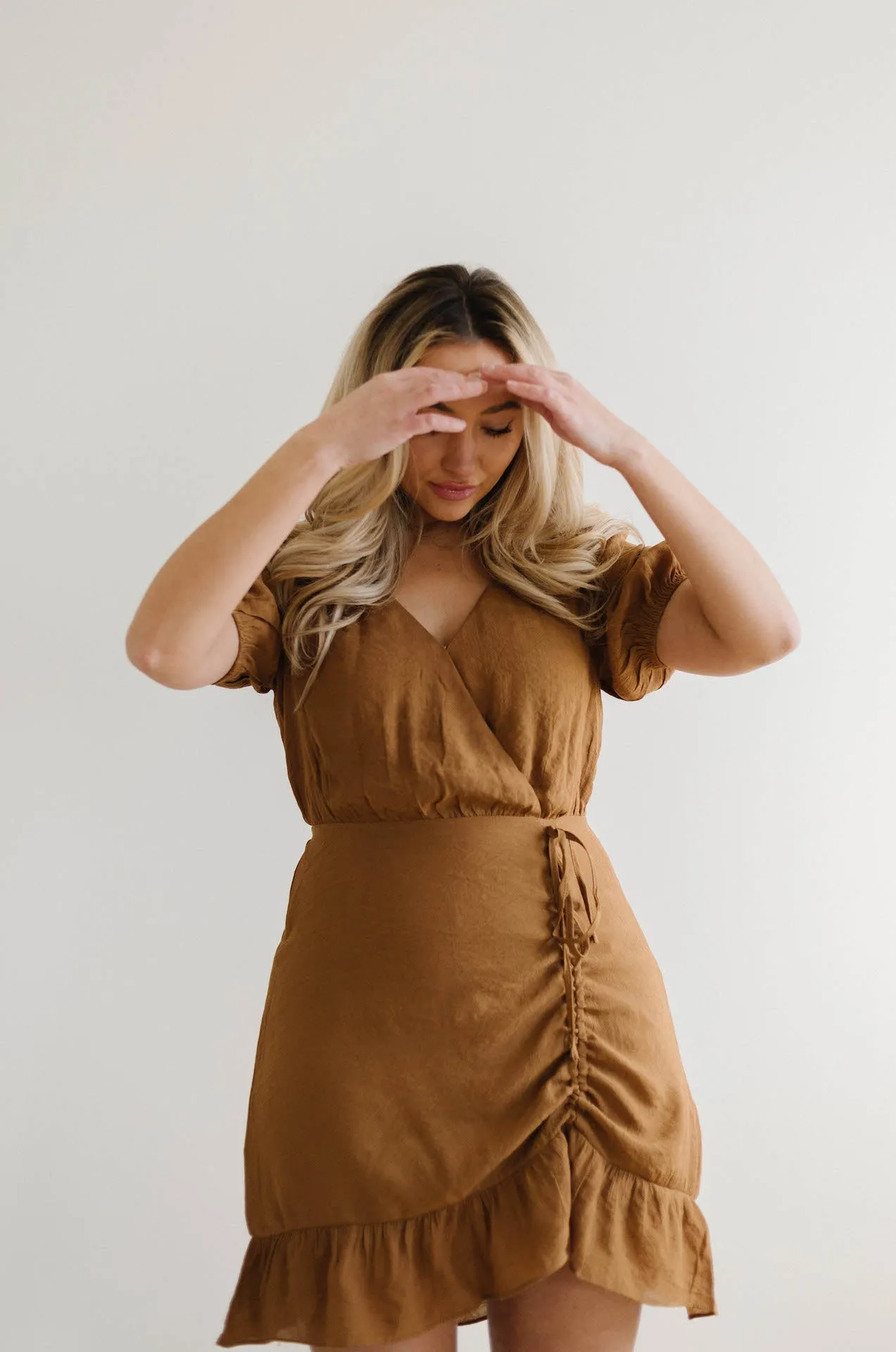 European Lover Ruched Front Mini Dress - Brown