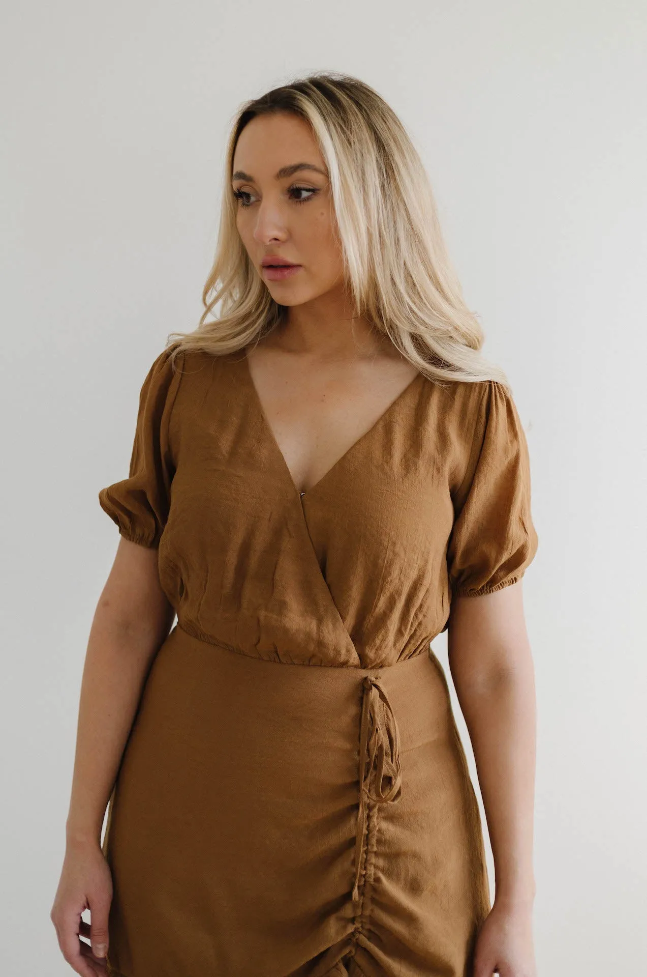 European Lover Ruched Front Mini Dress - Brown