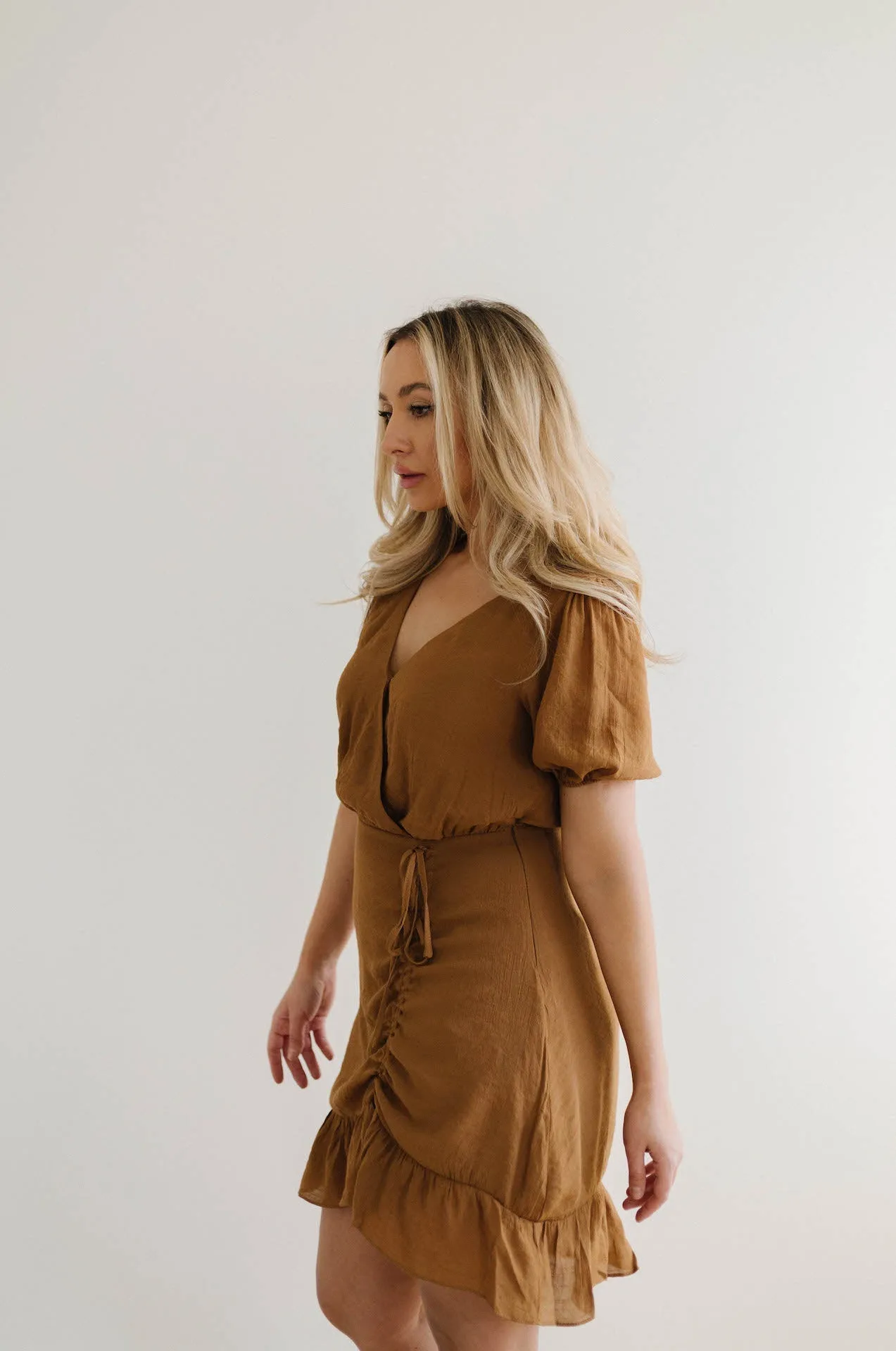 European Lover Ruched Front Mini Dress - Brown