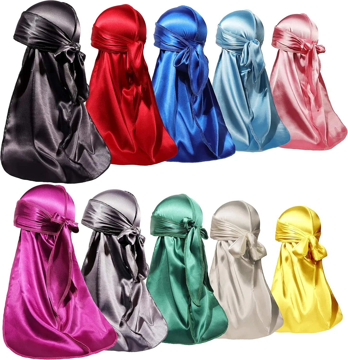 ForceWave 10 Pieces Silky Durags Long Tail for Women Men Satin Durag 360 Wave??Dorag, 10 Pieces