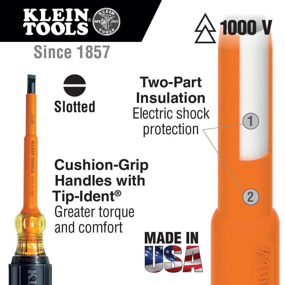 Klein Tools 612-4-INS Insulated 1/8" Slotted Screwdriver, 4"