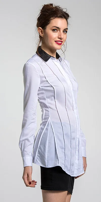 Pin-Tucked Tuxedo Shirt w/Lamb Leather Collar-WHITE