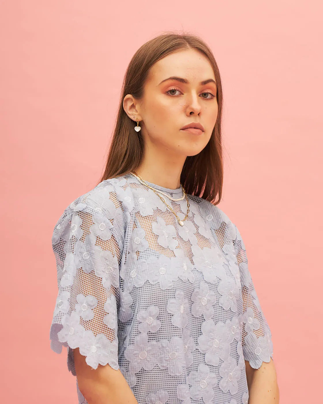 Sky Blue Cutwork Top And Skirt Set- Floral Co Ord Set