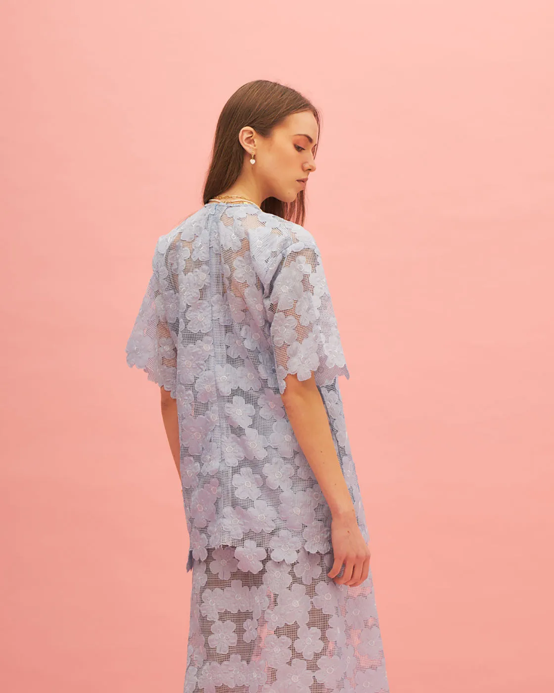 Sky Blue Cutwork Top And Skirt Set- Floral Co Ord Set