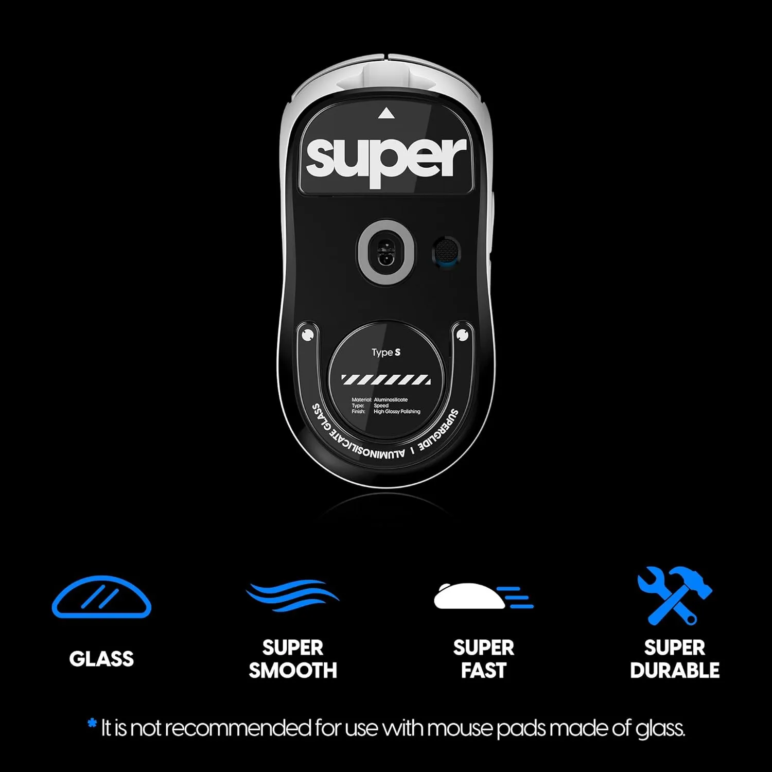 Superglide Glass Mouse Skates - Super Smooth Glide, Polished Round Edge, Super Fast Gaming Mouse Feet with Durable Sole for Logitech G Pro X Superlight2 (Type-S, Black)
