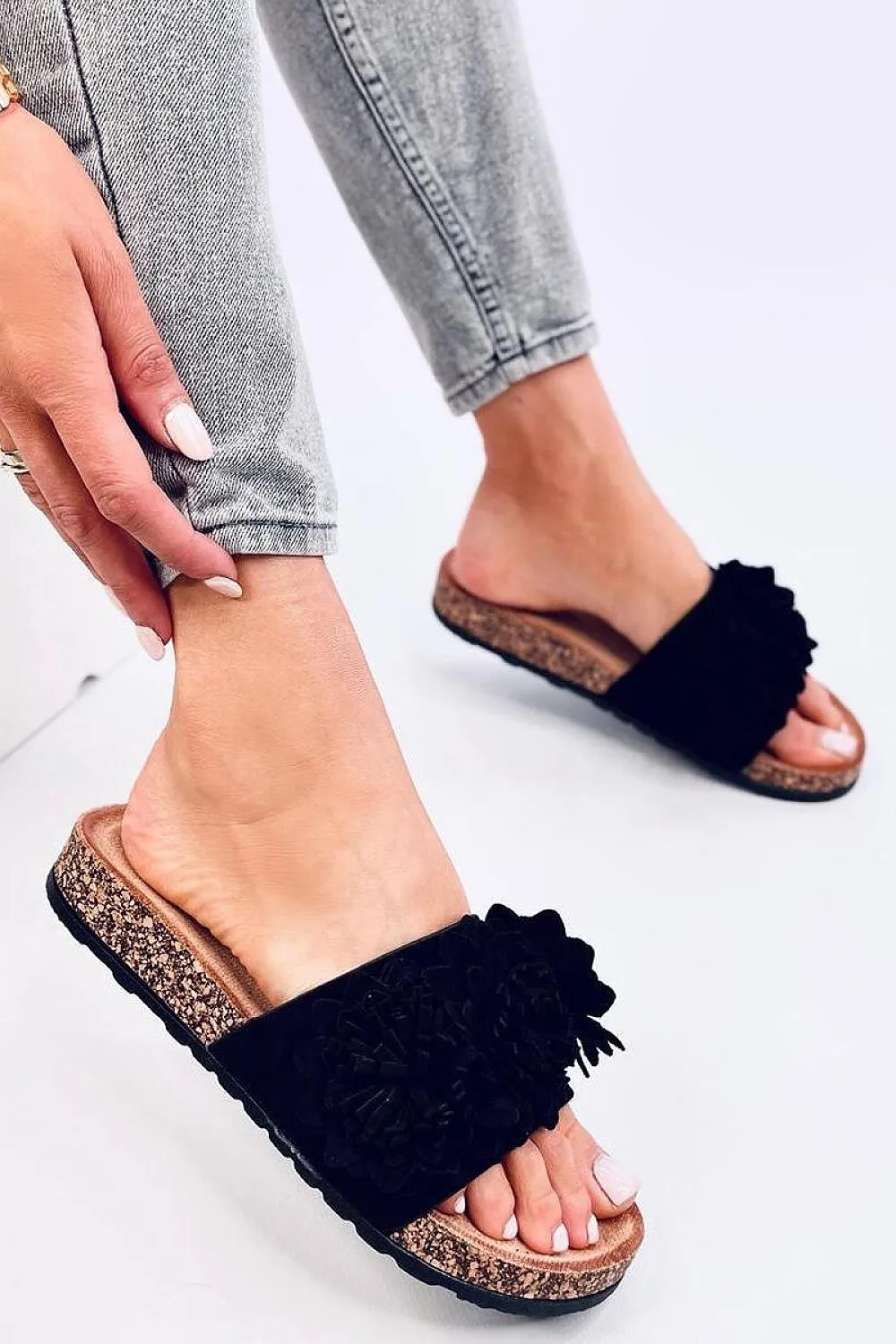 TEEK - Black Three Bloom Cork Sole Sides