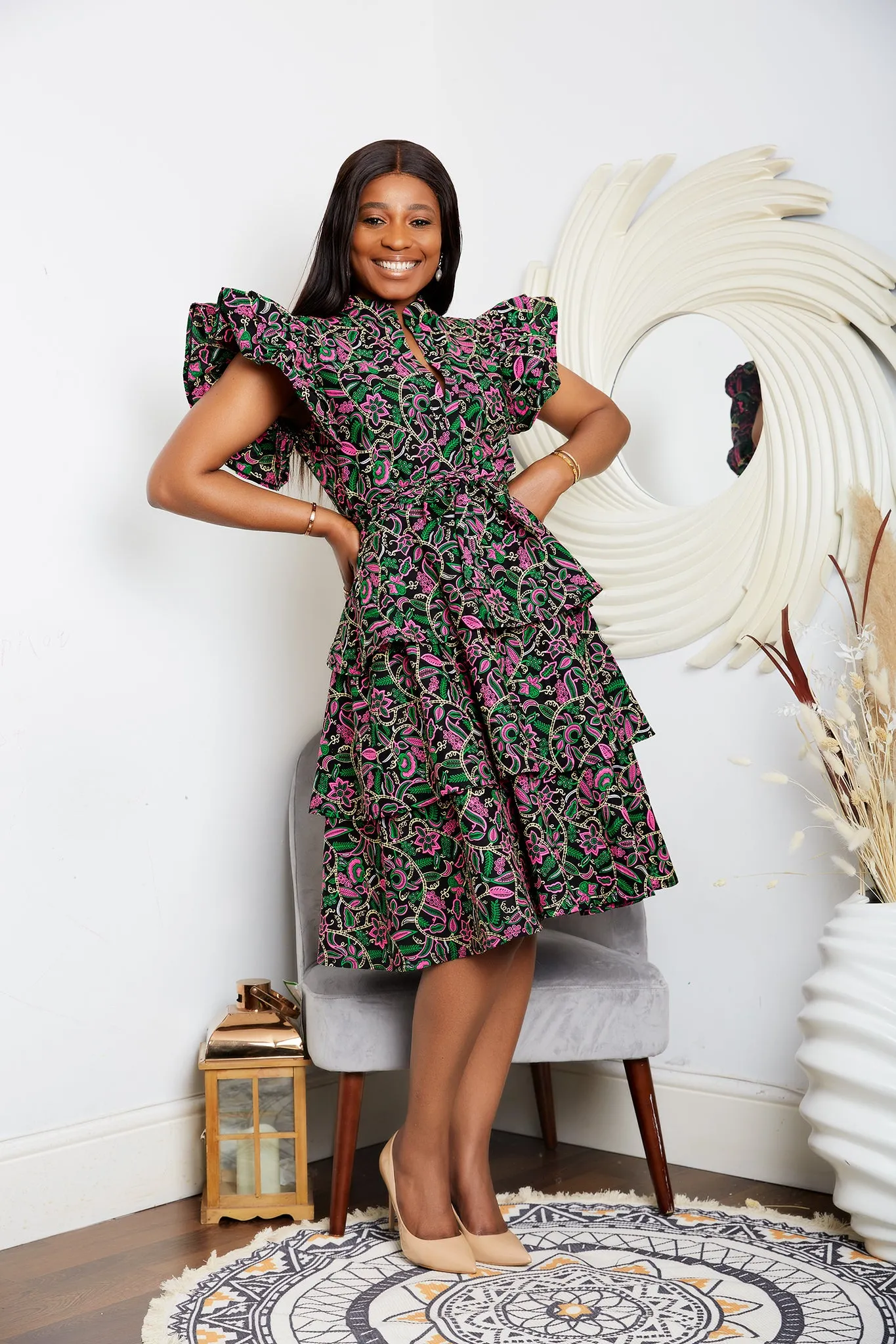 Tiered African Print Cotton Midi Dress with Exaggerated Sleeves - Zitechi