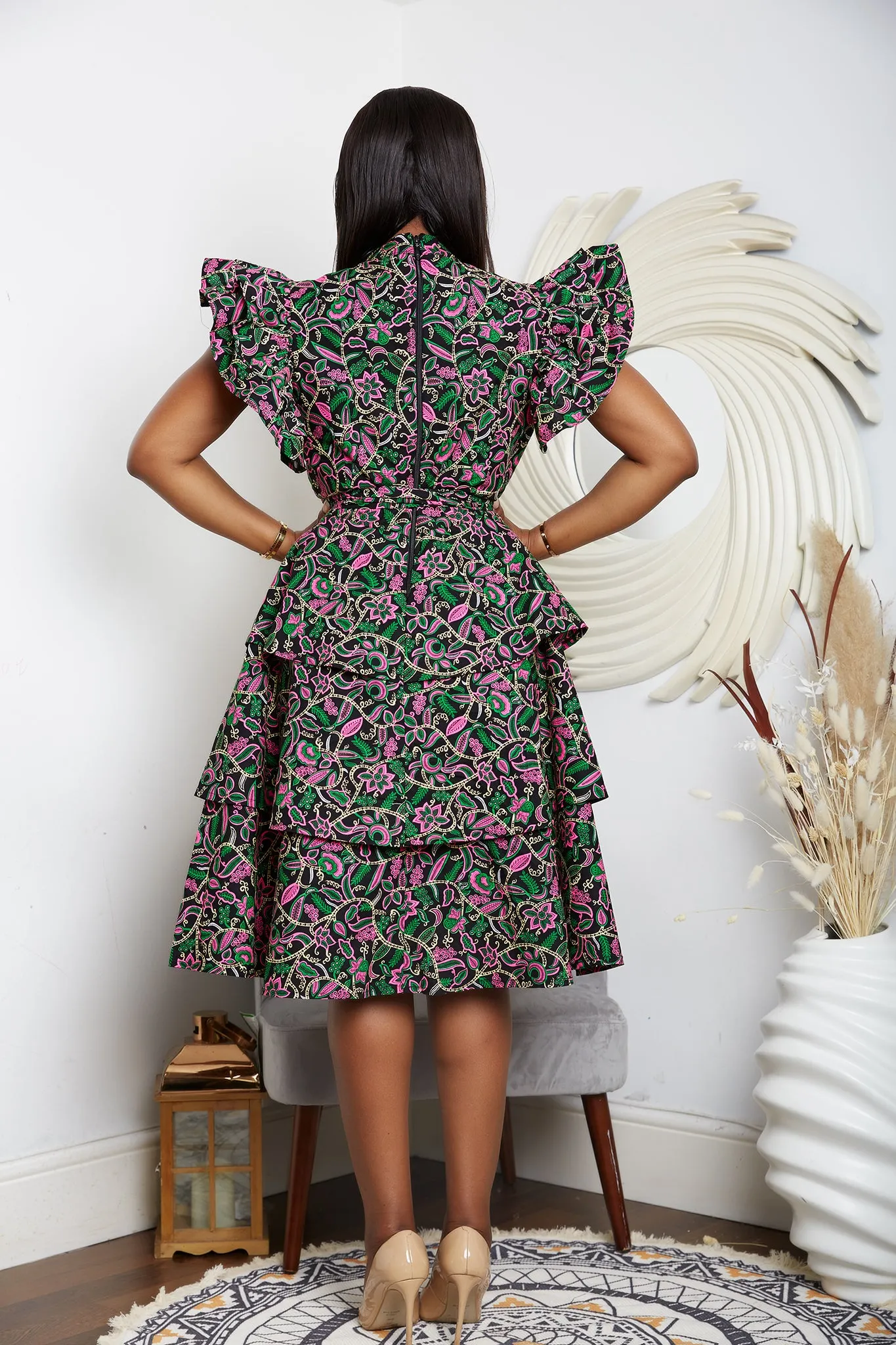 Tiered African Print Cotton Midi Dress with Exaggerated Sleeves - Zitechi